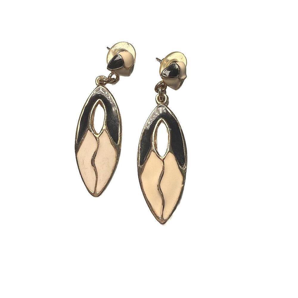 Vintage Gold Tone Black and White Enamel Dangle Earrings